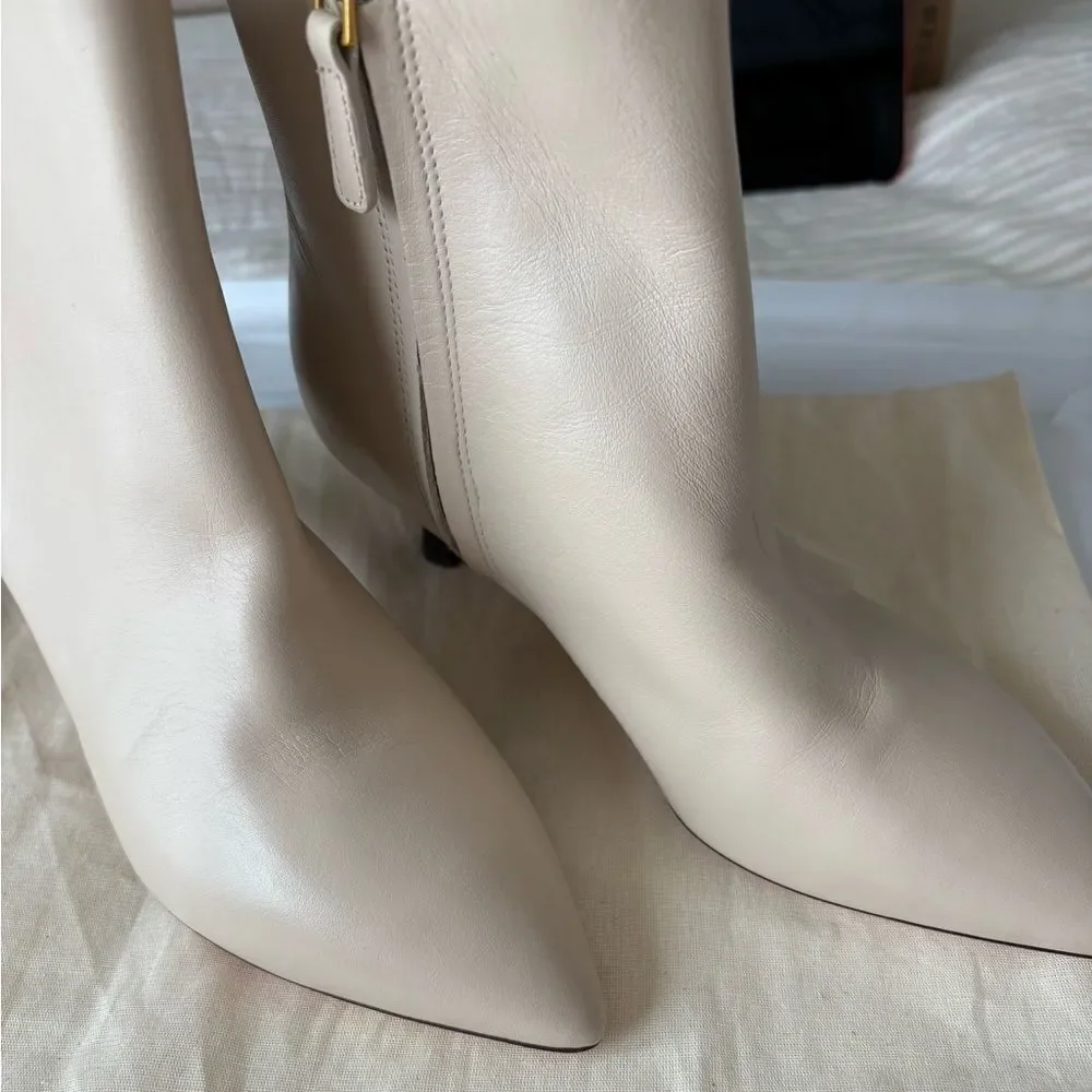 NWT Tory Burch Beige Leather Kitten Heel Pointed Ankle Booties Zip 5.5 $480